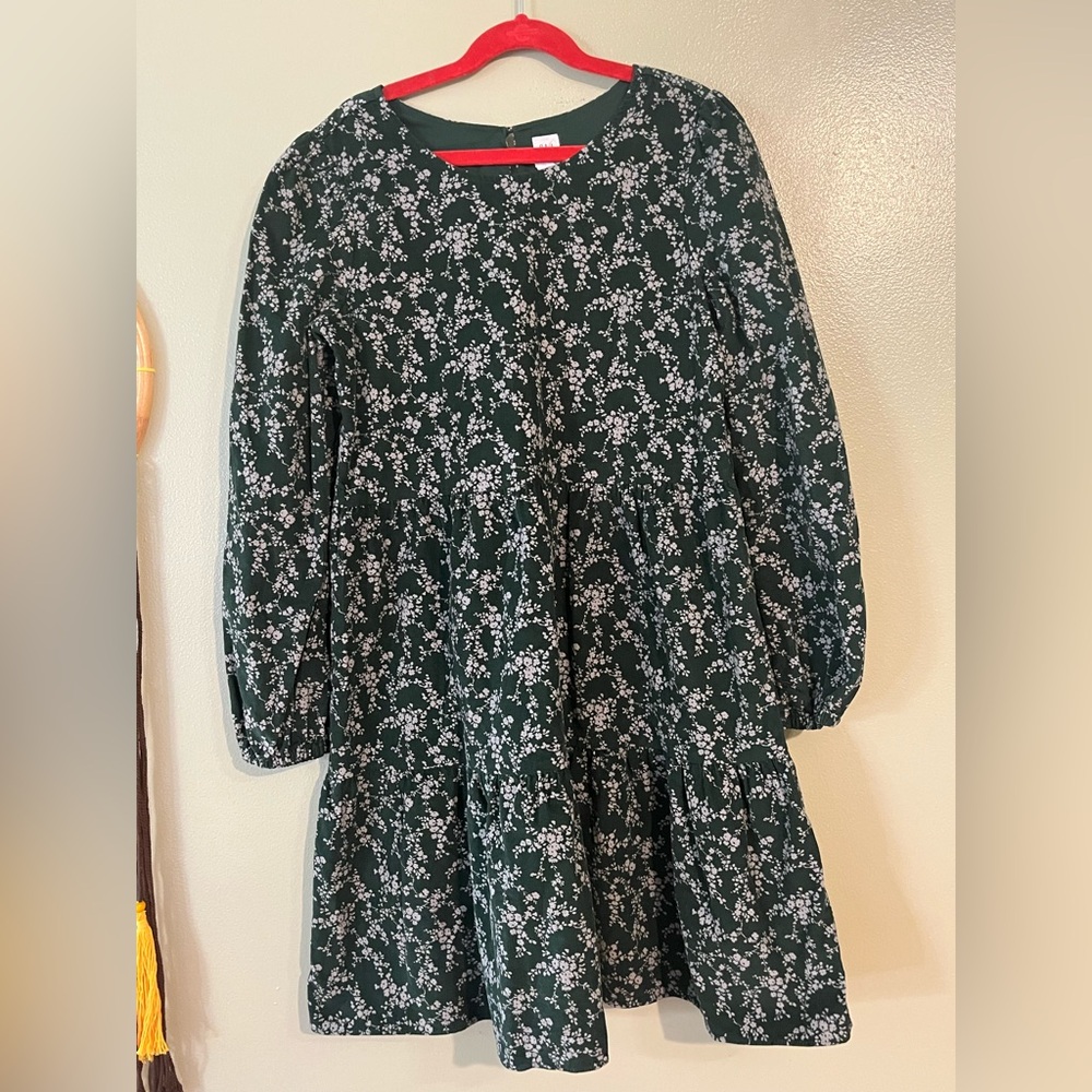 Gap Micro Corduroy Floral Green Girls Dress Tiered Fell Long Sleeves 12  New